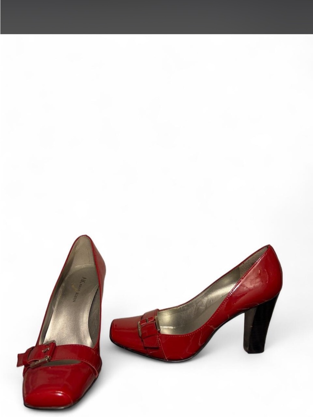 Anne Klein Red Patent Block Heel Pumps with Buckle Accent